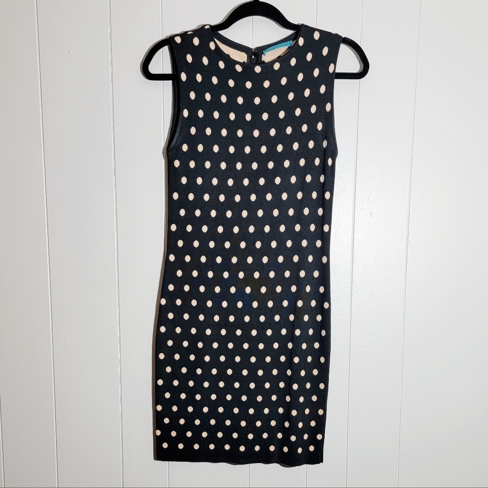 Alice + Olivia Marta Fitted Jersey Sleeveless Black and Cream Polka-dot Dress 6 - Picture 2 of 8
